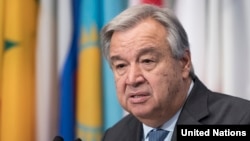 안토니우 구테흐스 유엔 사무총장이 18일 뉴욕 유엔본부에서 가진 기자회견에서 북한 문제를 언급했다.