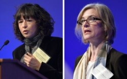 FILE - This Tuesday, Dec. 1, 2015 file combo image shows Emmanuelle Charpentier, left, and Jennifer Doudna, both speaking at the National Academy of Sciences international summit on the safety and ethics of human gene editing, in Washington.