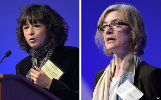 FILE - This Tuesday, Dec. 1, 2015 file combo image shows Emmanuelle Charpentier, left, and Jennifer Doudna, both speaking at the National Academy of Sciences international summit on the safety and ethics of human gene editing, in Washington.
