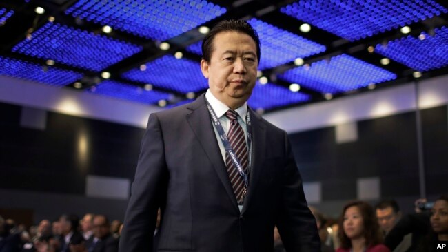 中国公安部副部长出身的国际刑警组织主席孟宏伟走上国际刑警组织世界大会的讲台,准备讲话(2017年7月4日)