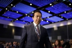 中國公安部副部長出身的國際刑警組織主席孟宏偉走上國際刑警組織世界大會的講台，準備講話（2017年7月4日）