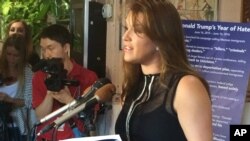 La ex Miss Universo Alicia Machado criticó al presunto candidato presidencial republicano Donald Trump, durante una conferencia de prensa en Arlington, Virginia, el miércoles 15 de junio de 2016.