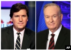 FILE - In this combination photo, Tucker Carlson, host of "Tucker Carlson Tonight," appears on the set, March 2, 2107, left, and Fox News personality Bill O'Reilly appears on the set of his show, "The O'Reilly Factor" on Oct. 1, 2015. Five days after O'Reilly left, Carlson took his time slot.