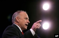 FILE - Rep. Steve King, R-Iowa, speaks during the Freedom Summit, Jan. 24, 2015, in Des Moines, Iowa.