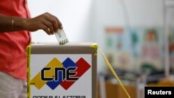베네수엘라 유권자가 20일 실시된 대통령 선거 투표함에 투표 용지를 넣고 있다. 
