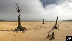 The Theewaterskloof Dam, a key source of water supply to Cape Town, South Africa, is shown at low levels on April 16, 2017. 