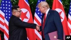 도널드 트럼프 미국 대통령과 김정은 북한 국무위원장이 지난 6월 싱가포르 정상회담에서 악수하고 있다.