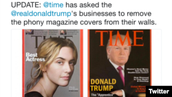 Tweet from David Fahrenthold showing a fake Time Magazine cover with photo of Trump.