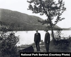 George B. Dorr, left, and Charles W. Eliot began the fight to preserve what became Acadia National Park through the Hancock County Trustees of Public Reservations. They’re pictured here along the shores of Jordan Pond.
