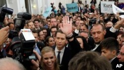 Foreign Minister Sebastian Kurz, head of Austrian People's Party, arrives to the election party in Vienna, Austria, Oct. 15, 2017, after the closing of the polling stations for the Austrian national elections. 