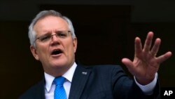 PM Australia Scott Morrison di Canberra, 9 September 2021. (Lukas Coch/AAP Image via AP)
