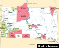 Map of South Dakota Indian Reservations. Crow Creek can be seen, center, on the eastern banks of the Missouri River.