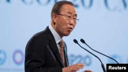 Sekjen PBB, Ban Ki-moon berbicara pada konferensi perubahan iklim COP 20 di Lima, Peru (11/12).