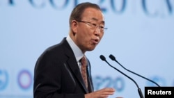 United Nations Secretary-General Ban Ki-moon delivers a speech during the High Level Segment of the U.N. Climate Change Conference COP 20 in Lima, Dec. 11, 2014. 