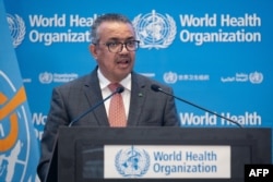 FILE - This handout picture made available by the World Health Organization on Nov. 29, 2021 shows WHO Director-General Tedros Adhanom Ghebreyesus addressing the special session of the World Health Assembly in Geneva.