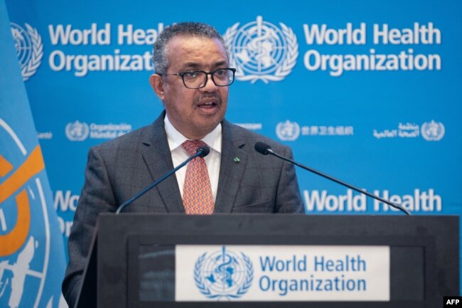 FILE - This handout picture made available by the World Health Organization on Nov. 29, 2021, shows WHO Director-General Tedros Adhanom Ghebreyesus addressing the special session of the World Health Assembly in Geneva.