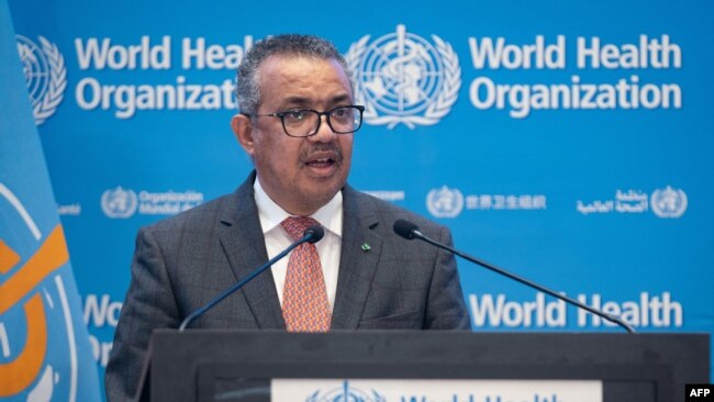 FILE - This handout picture made available by the World Health Organization on Nov. 29, 2021 shows WHO Director-General Tedros Adhanom Ghebreyesus addressing the special session of the World Health Assembly in Geneva.