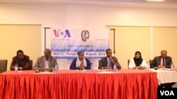 Panelists at a town hall hosted by VOA Somali broadcaster Falastine Ahmed Iman in Nairobi, Kenya, Aug. 29, 2015.