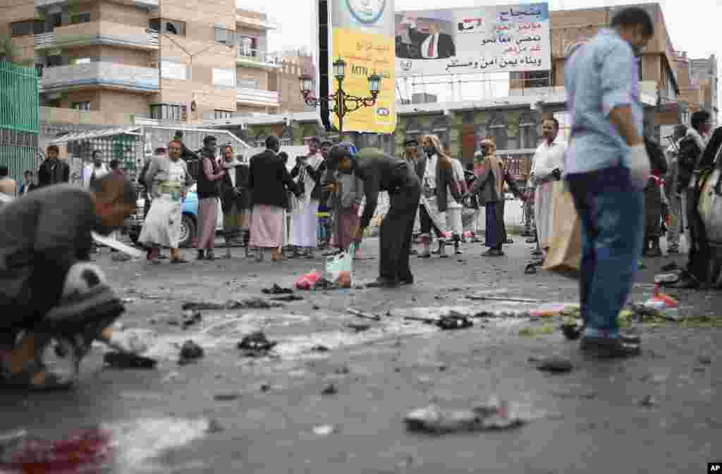 Security officials said that a suicide bomber set off explosives where supporters of the rebel Shiite Houthis were gathering, in the center of Sana'a, Oct. 9, 2014.