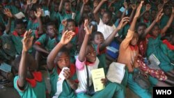 FILE - Schoolchildren participate in a class on malaria and how to protect themselves, Malawi.