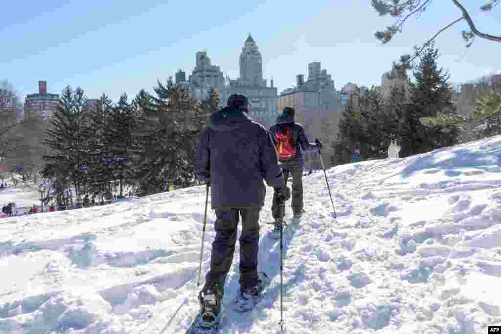 Dua pria menggunakan sepatu khusus salju di Central Park, New York, 24 Januari 2016, setelah salju setinggi hampir 68 cm turun di kota itu.
