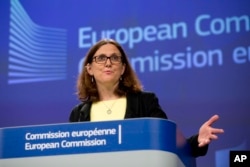 European Commissioner for Trade Cecilia Malmstrom speaks during a media conference, following the United States announcement to impose tariffs on steel and aluminum, at EU headquarters in Brussels, June 1, 2018.
