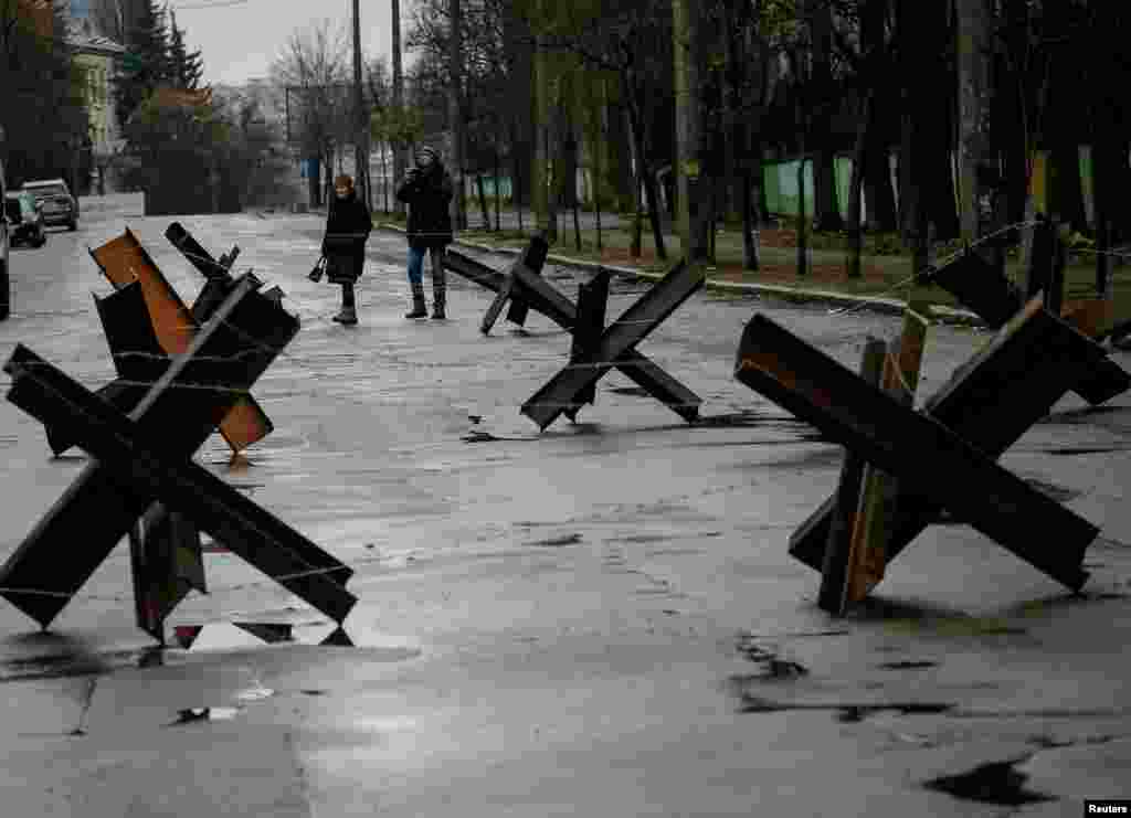 Anti-tank constructions are seen in Kyiv, Ukraine, March 3, 2022.