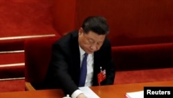 中国国家主席习近平在全国人大会议就港版国安法进行表决时按下赞成键。（2020年5月28日）