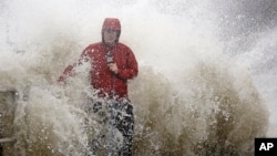 Un reporter, en plein milieu des vagues, couvre l’approche de l'ouragan Hermine près d'un mur de la mer à Cedar Key, en Floride, 1er septembre 2016.