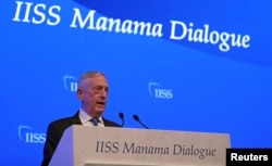 U.S. Defense Secretary James Mattis speaks during the second day of the 14th Manama dialogue, Security Summit in Manama, Bahrain, Oct. 27, 2018.