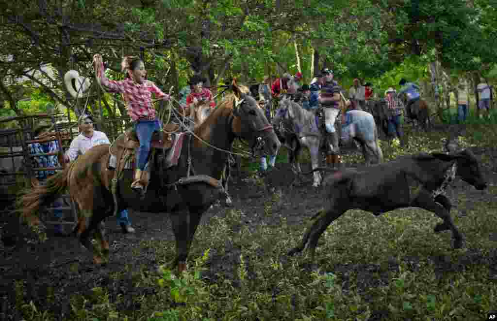 Cowgirl Dariadna Corujo winds up to lasso a calf during an improvised rodeo event at a farm in Sancti Spiritus, central Cuba.