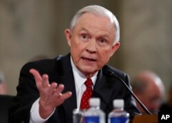 FILE - Attorney General-designate, Sen. Jeff Sessions, R-Ala., testifies on Capitol Hill in Washington, Tuesday, Jan. 10, 2017, at his confirmation hearing before the Senate Judiciary Committee.