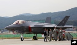 FILE - A U.S. F-35 stealth fighter is seen during the press day of the 2017 Seoul International Aerospace and Defense Exhibition at Seoul Airport in Seongnam, South Korea, Oct. 16, 2017.
