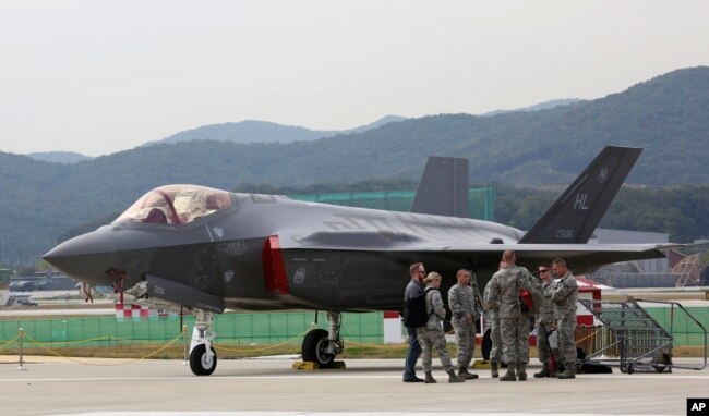 FILE - A U.S. F-35 stealth fighter is seen during the press day of the 2017 Seoul International Aerospace and Defense Exhibition at Seoul Airport in Seongnam, South Korea, Oct. 16, 2017.