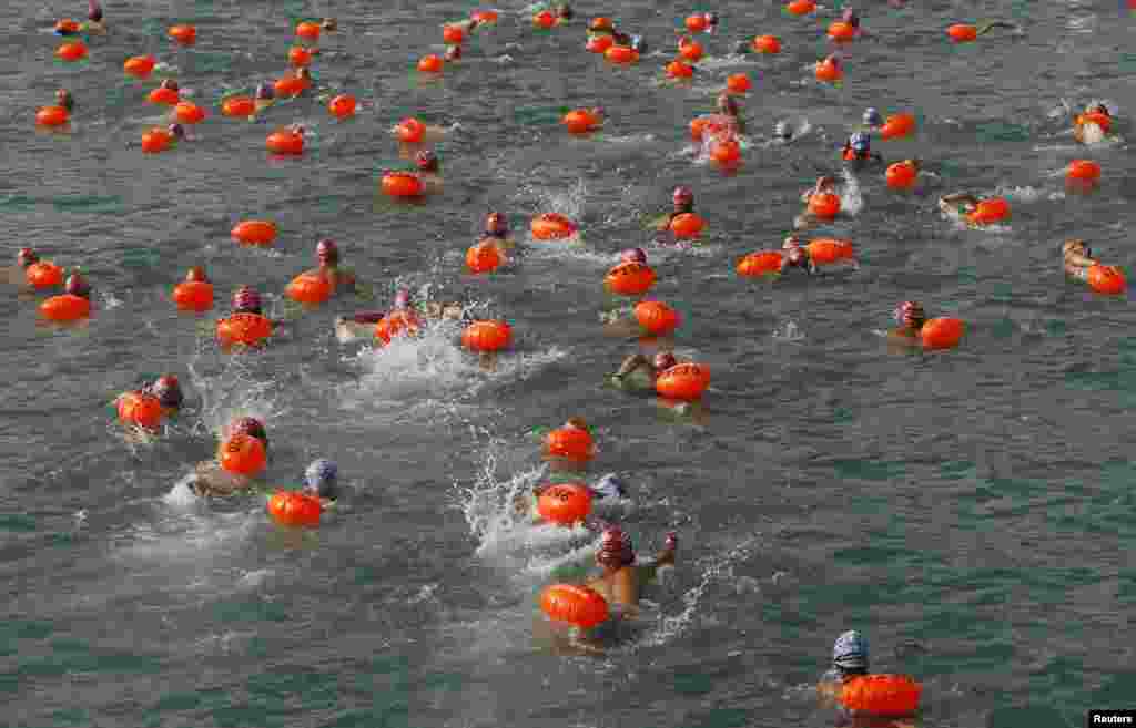 Swimmers, with buoys attached, compete in a cross harbor swimming event at Hong Kong&#39;s Victoria Harbour.