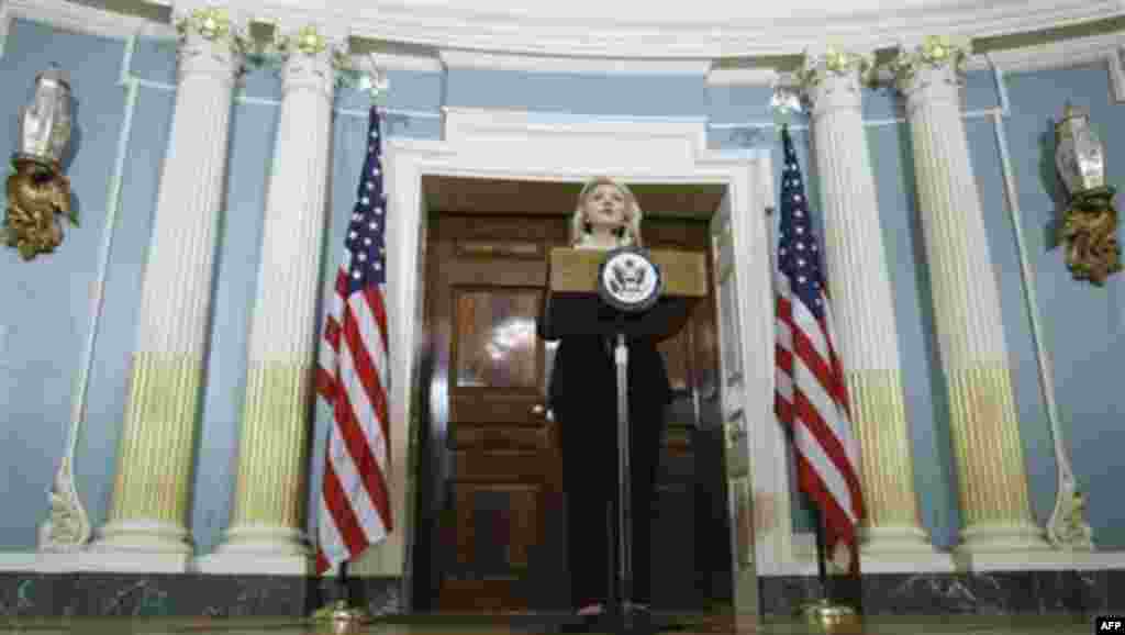 Secretary of State Hillary Rodham Clinton makes a statement about Syria, Thursday, Aug. 18, 2011, at the State Department in Washington. (AP Photo/Luis M. Alvarez)