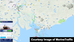 북한산 석탄을 싣고 항해 중인 '동탄호'의 6월 8일 위치(붉은 원). 닷새째 베트남 해역에 머물고 있다. 마린트래픽(MarineTraffic) 제공.