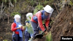 FILE - Natalia Arango works with her mine detector in a zone of landmines planted by rebels groups near Sonson in Antioquia province, November 19, 2015. 