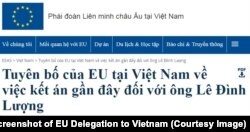Tuyên bố của Phái đoàn EU ở Việt Nam kêu gọi chính quyền Hà Nội thả ngay lập tức nhà hoạt động Lê Đình Lượng và các tù nhân lương tâm khác đang bị giam giữ. (EU Delegation to Vietnam)