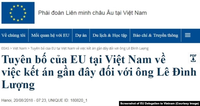 Tuyên bố của Phái đoàn EU ở Việt Nam kêu gọi chính quyền Hà Nội thả ngay lập tức nhà hoạt động Lê Đình Lượng và các tù nhân lương tâm khác đang bị giam giữ. (EU Delegation to Vietnam)