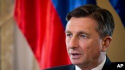 Slovenia's president Borut Pahor talks during an interview with the Associated Press in Ljubljana, Slovenia, March 6, 2017. 