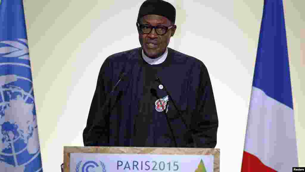 Shugaba Muhammadu Buhari Na Jawabi A Bude Taron Dumamar Yanayi Na Duniya A Bourget Kusa Da Birnin Paris. Nuwamba 30, 2015. &nbsp;