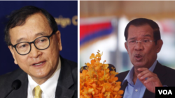 FILE: Sam Rainsy (left), former leader of Cambodia National Rescue Party, and Cambodian Prime Minister Hun Sen. (AP/Reuters) 