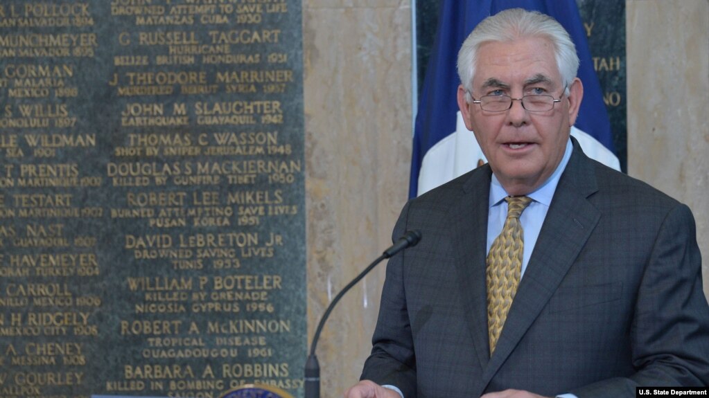U.S. Secretary of State Rex Tillerson delivers remarks at the U.S. Department of State’s Foreign Affairs Day Memorial Plaque Ceremony at the Department in Washington, May 5, 2017. 