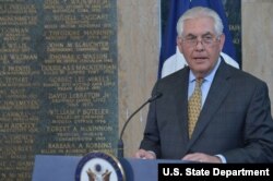 FILE - U.S. Secretary of State Rex Tillerson delivers remarks at the U.S. Department of State’s Foreign Affairs Day Memorial Plaque Ceremony at the Department in Washington, D.C., May 5, 2017.