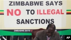 Zimbabwean President Robert Mugabe signs a petition against Western economic sanctions targeting his supporters, in Harare, Wednesday, March, 2, 2011. Zimbabwe's defiant president on Wednesday threatened to seize foreign businesses in retaliation for West