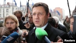 FILE - Russian Energy Minister Alexander Novak arrives for gas talks between the European Union, Russia and Ukraine at the EU Commission headquarters in Brussels, Oct. 29, 2014.