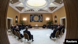 Pope Francis meets Chilean bishops at the Vatican, May 15, 2018. (Vatican Media)