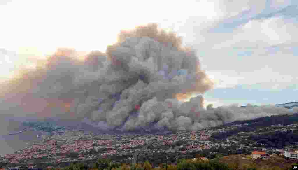 Smoke from forest fires rises above Funchal, the capital of Portugal&#39;s Madeira island, Aug. 9, 2016.