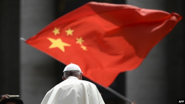 资料照片: 当教宗方济各在梵蒂冈圣彼得广场结束对信众的每周讲话离开时，一人向他展示中国国旗。（2019年6月12日）